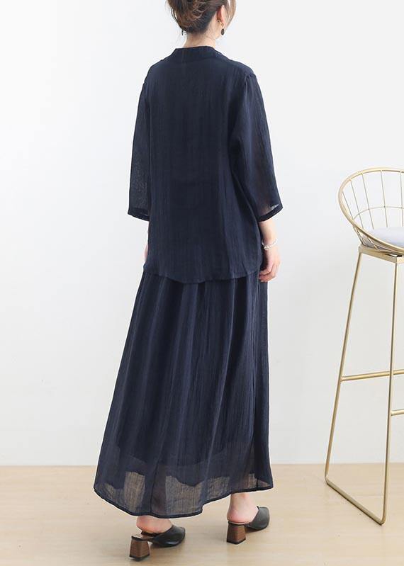 Birds Over the Clouds-navy Low High Linen Outfit Summer Shirt & Pants Two Pieces Set