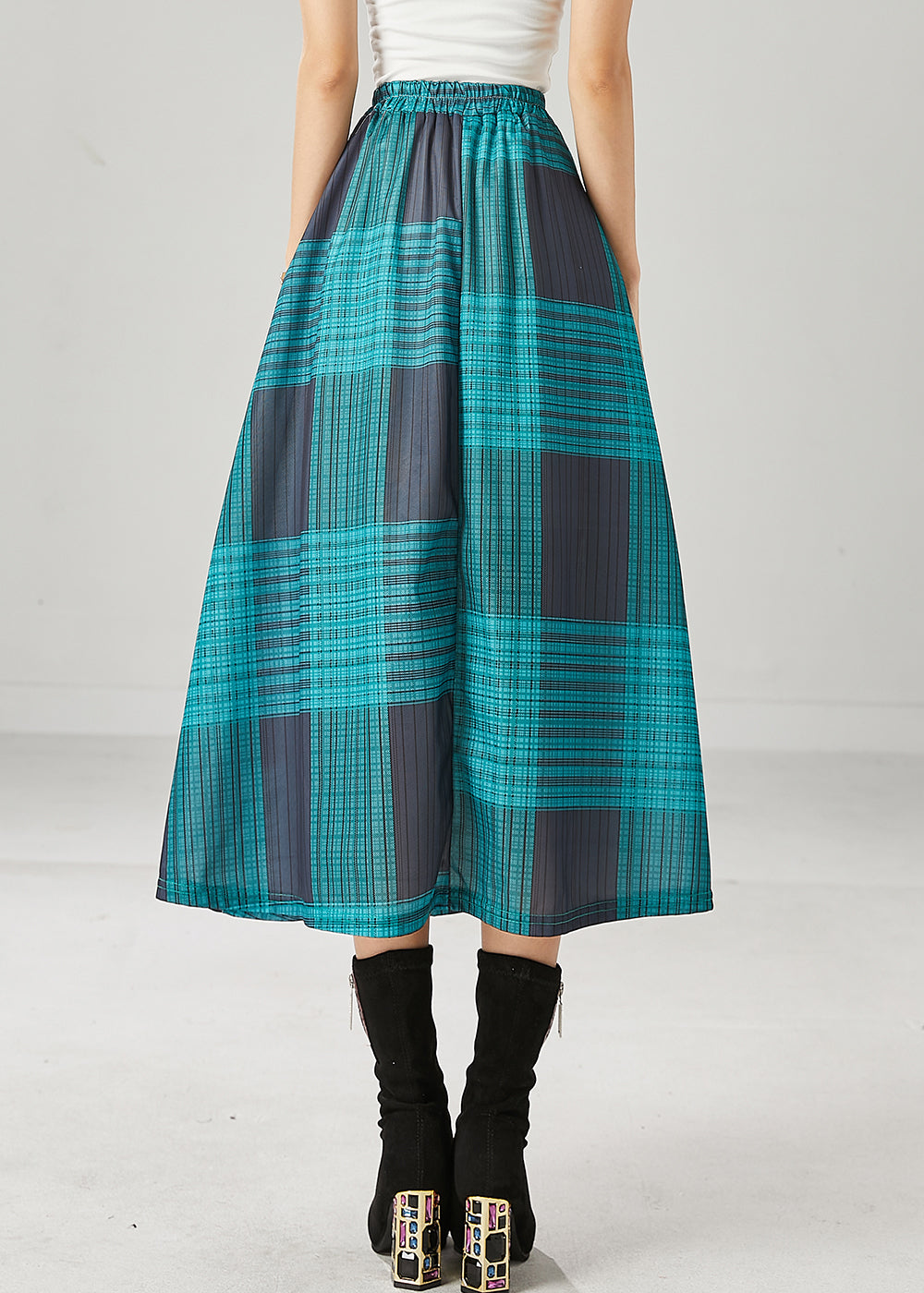 Blackish Green Plaid Cotton a Line Skirt Spring