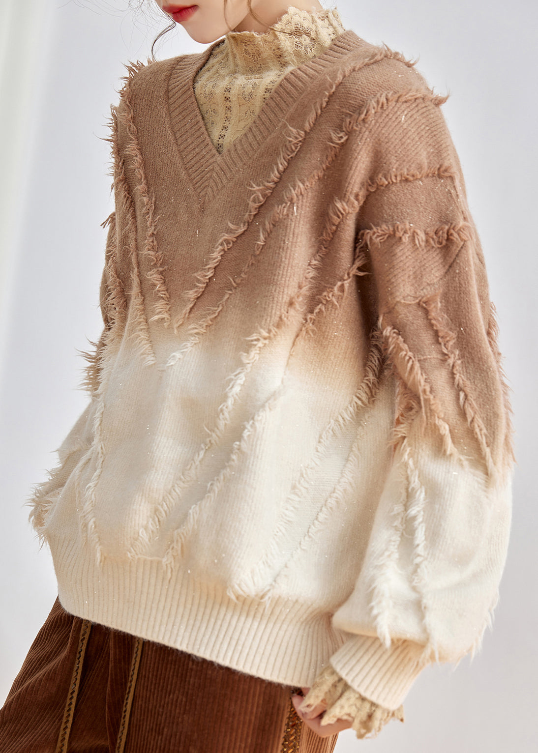 Pink V Neck Gradient Tasseled Knit Sweater Top Spring