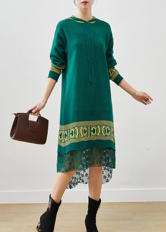 Green Hooded Patchwork Lace Knit Vacation Dresses Spring
