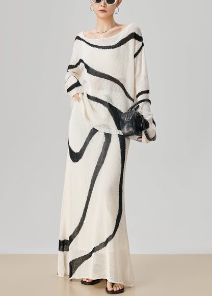 Boutique White Striped Tops and Skirts Knit Two Pieces Set Fall