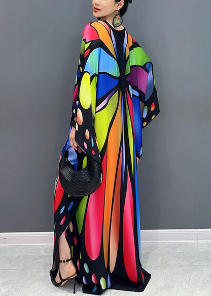 Colorblock V Neck Print Cotton Maxi Dresses Batwing Sleeve