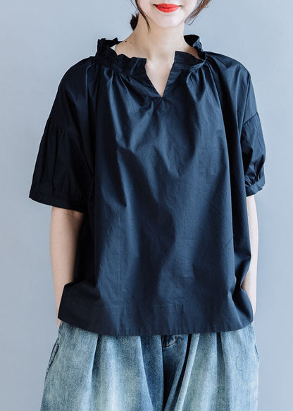 Loose Navy Ruffled Color Cotton Shirt Tops Short Sleeve