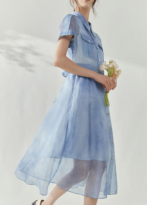 Stylish Blue Peter Pan Collar Button Tulle Shirts and Maxi Skirts Two Piece Set Summer