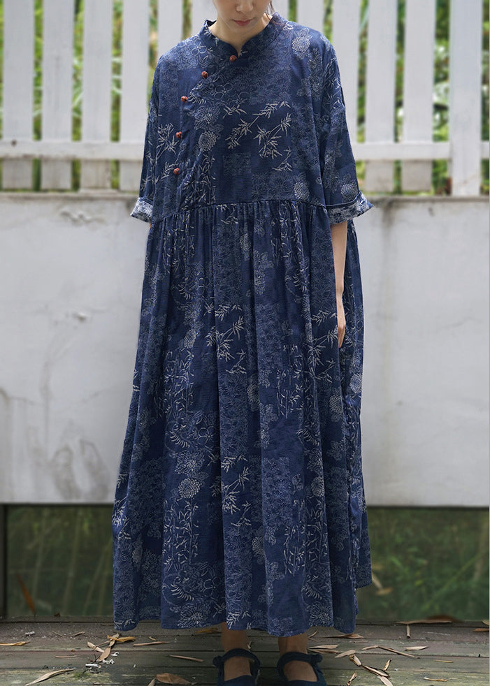 Blue Cinched Print Cotton Maxi Dress Half Sleeve