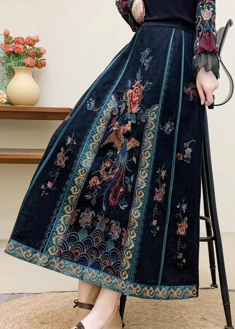 Navy Embroidered High Waist Cotton Skirt Fall