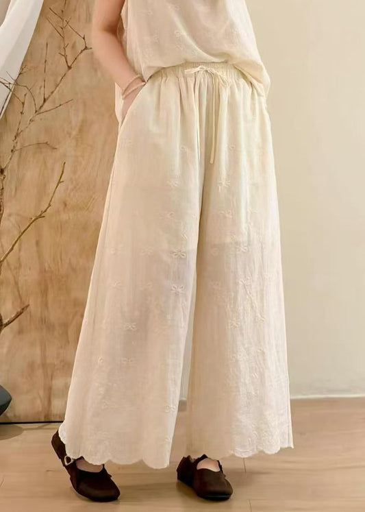 Natural Apricot Embroidered Cotton Wide Leg Pants Summer