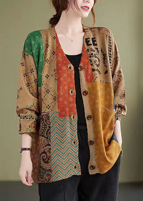 Colorblock V Neck Button Knitting Cotton Coat Fall