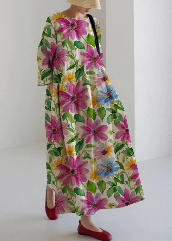 Flower Print5 Cotton Dresses Pockets Patchwork Spring