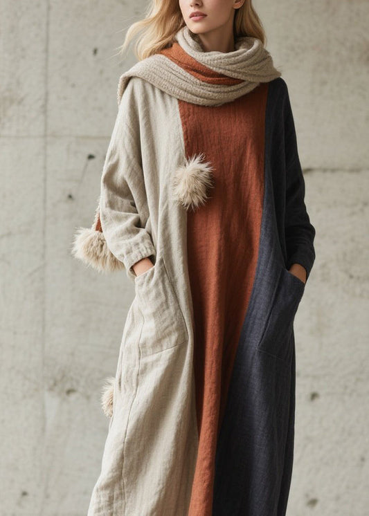 Colorblock Pockets Patchwork Cotton Dress Fall