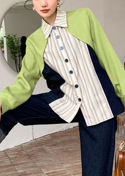 Handmade Green Patchwork Striped Button Fall Long Sleeve Top
