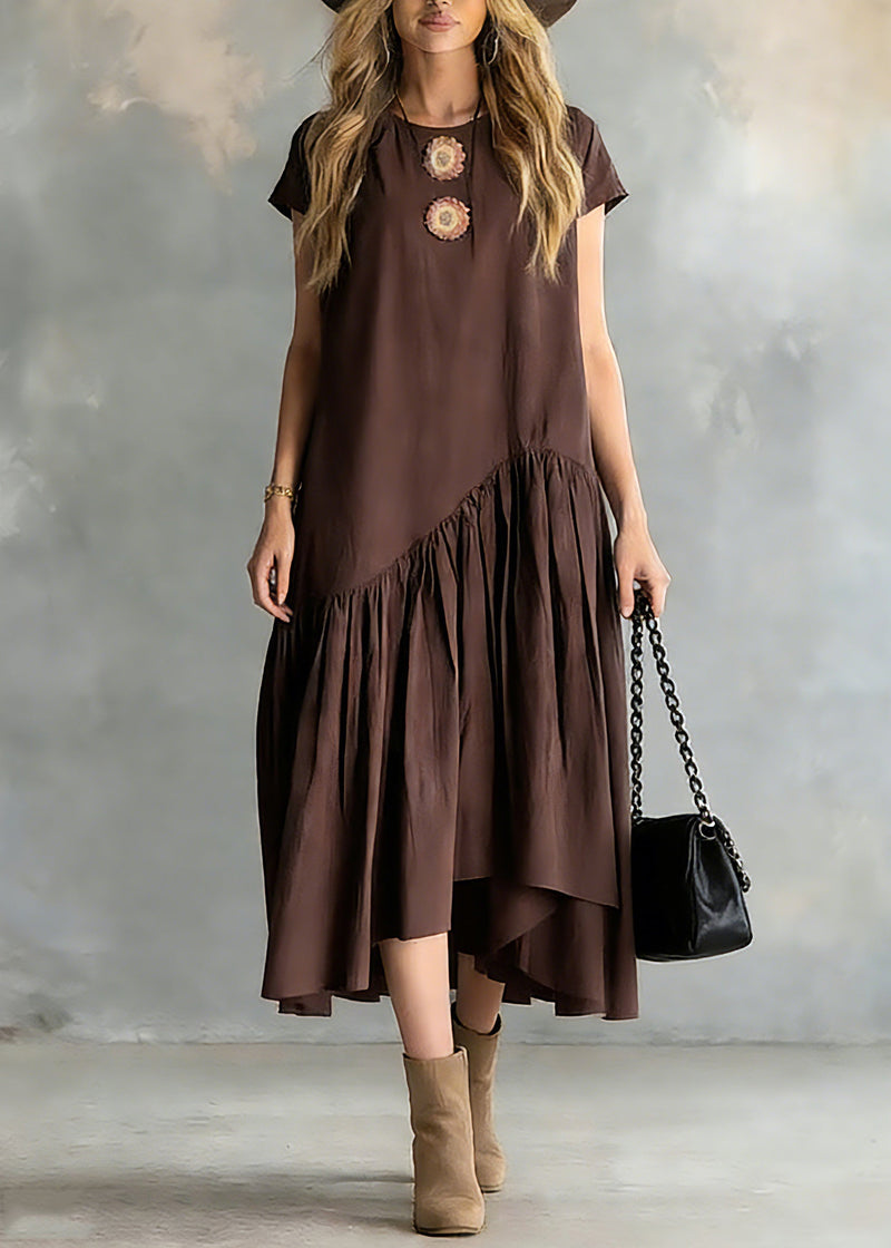 Coffee O-neck Wrinkled Patchwork Long Dresses Short Sleeve