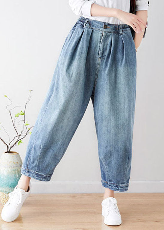 Art Light Blue Elastic Waist Pockets Pants Spring