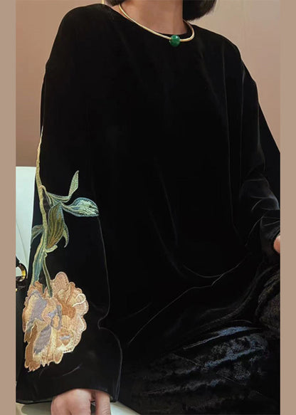 Black Embroideried Patchwork Velour Tops Fall