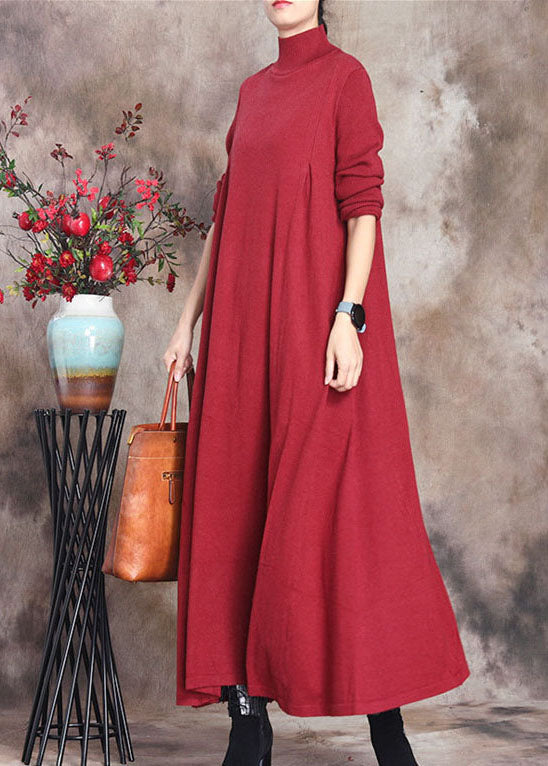 Red Retro Knit Slim Fit Fall Long Sweater Dress