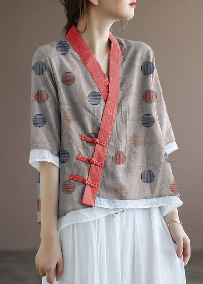 Chinese Style Lake Yellow Leopard Print V Neck Double-deck Cotton Top Half Sleeve