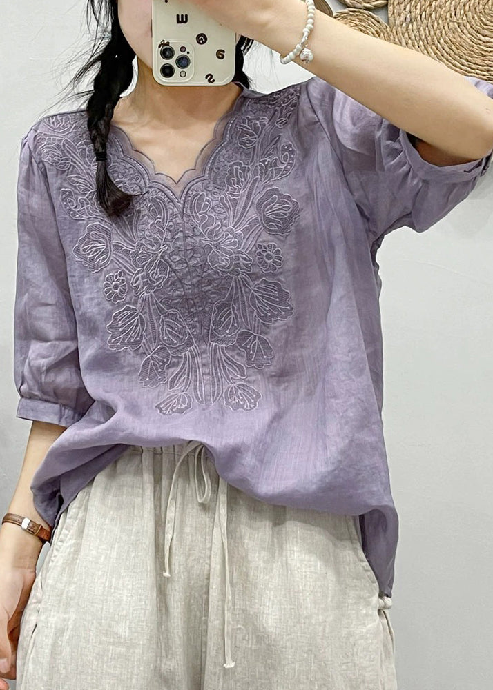 Retro White Embroideried Tulle Patchwork Ramie T Shirt Summer