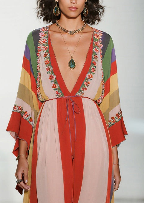 Colorblock V Neck Print Chiffon Holiday Dress Summer