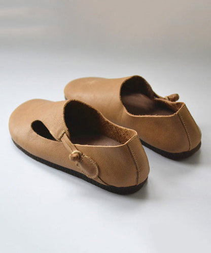 Apricot Cowhide Leather Splicing Flat Shoes for