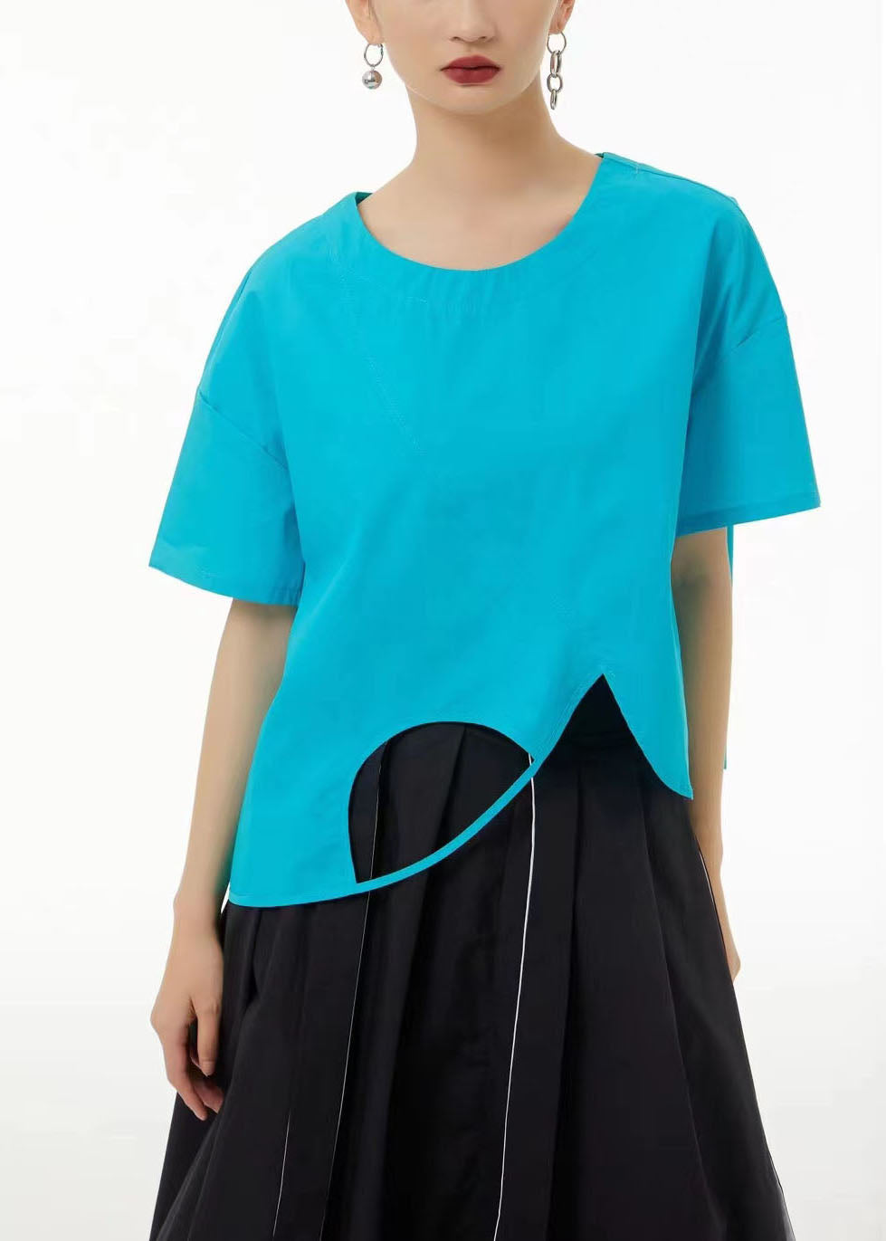 Handmade Blue O-neck Asymmetrical Design Cotton Tanks Summer