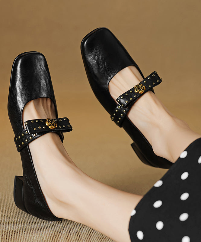 Bow Rivet Splicing Chunky Loafer Shoes Black Sheepskin