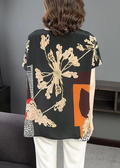 Black Print Side Open Patchwork Silk T Shirt Summer