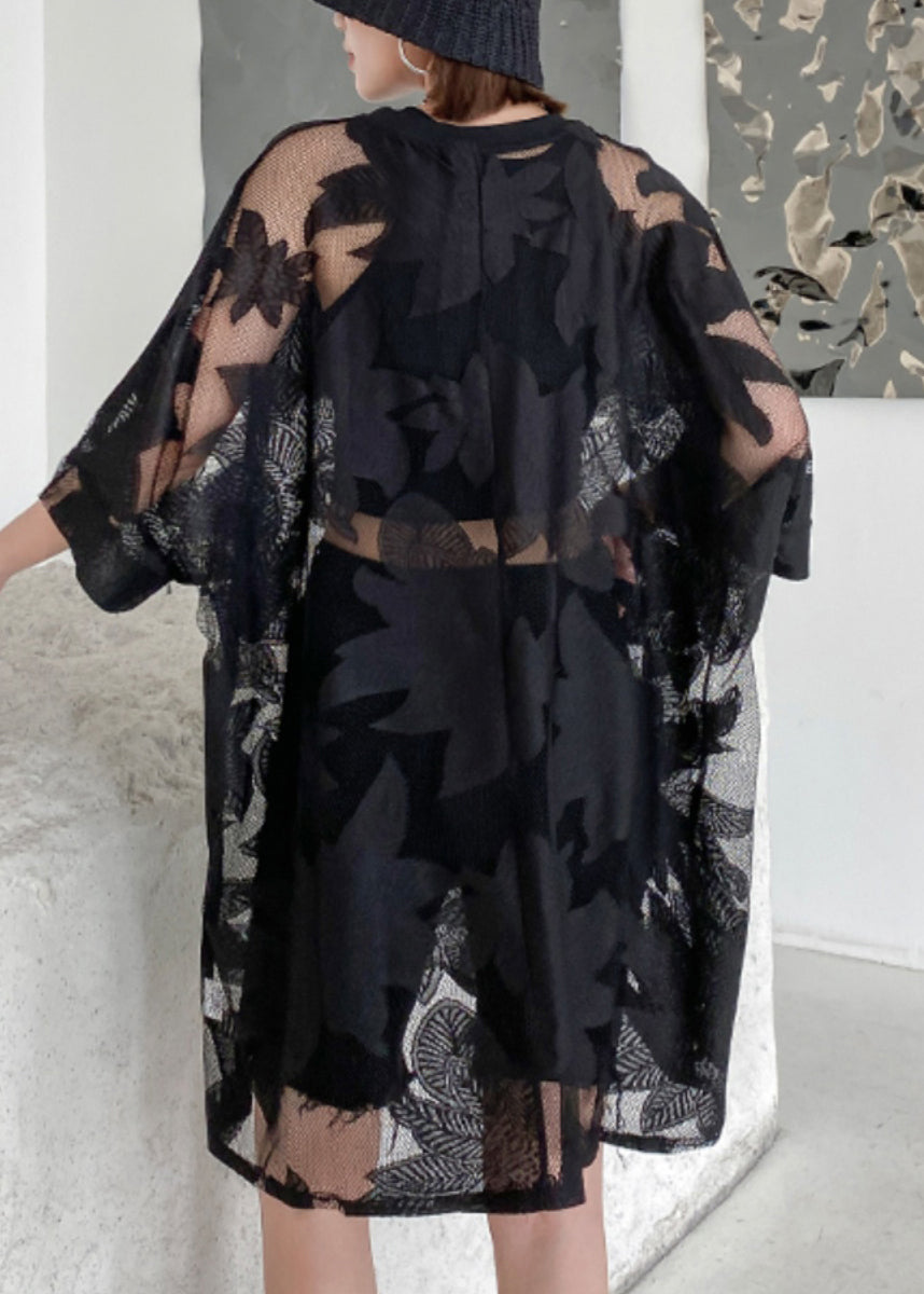 Black Embroideried Hollow Out Patchwork Lace Mid Dress Half Sleeve