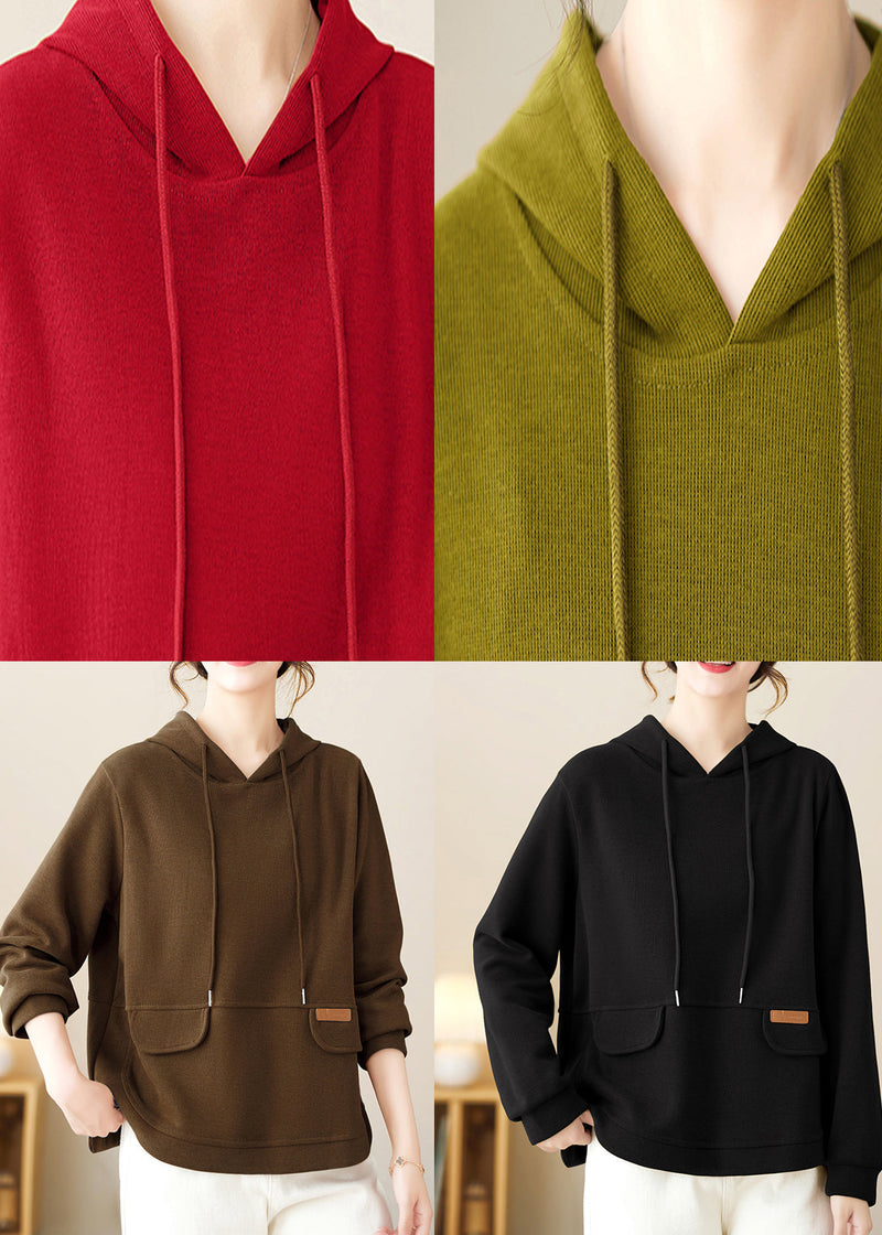 Coffee Hooded Patchwork Simple Cotton Pullover Fall