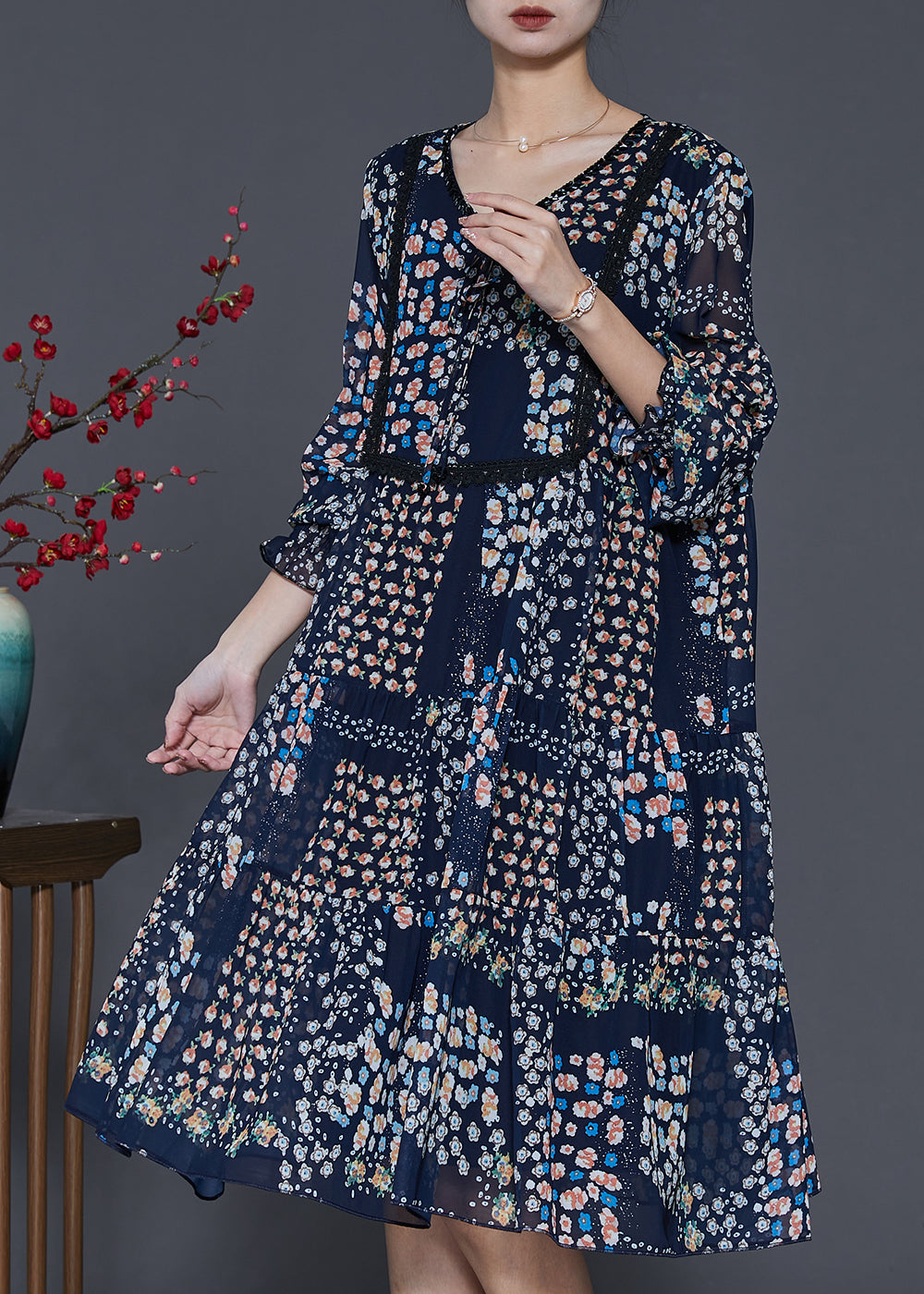 Black Print Exra Large Hem Chiffon Maxi Dresses Summer