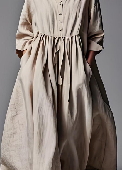 Beige V Neck Wrinkled Patchwork Cotton Dresses Long Sleeve
