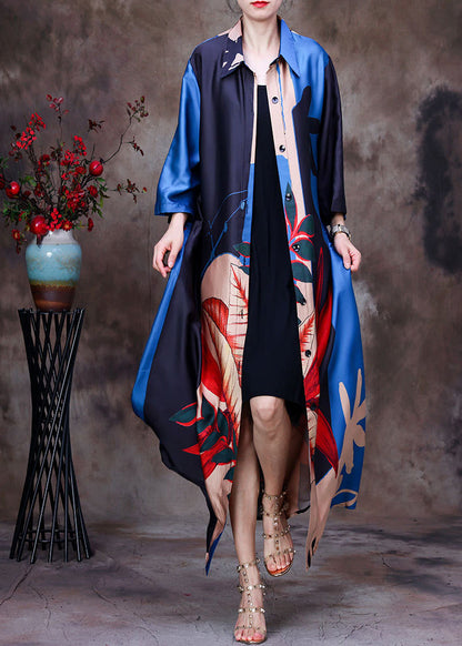 Blue Black Peter Pan Collar Print Silk Long Shirt Bracelet Sleeve