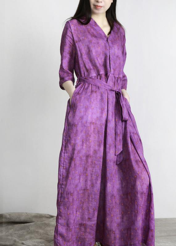 Purple Print Linen Tie Waist Summer Robe Dresses