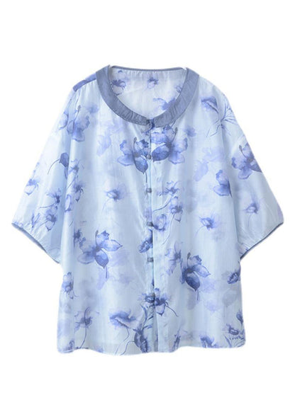 Diy Blue Oversized Print Linen Shirt Top Half Sleeve