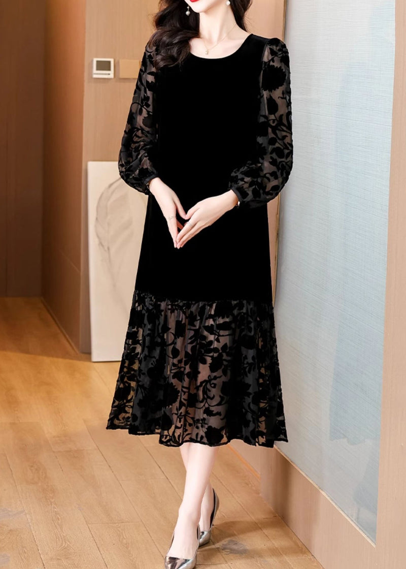 French Black O Neck Pockets Silk Velour Long Dress Spring