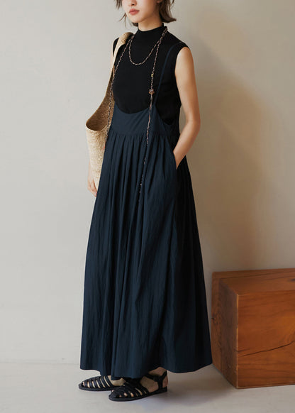 Navy Pockets Wrinkled Cotton Spaghetti Strap Dress Summer