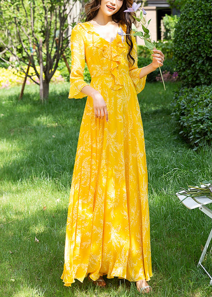 Yellow Ruffled Print Slim Chiffon Maxi Holiday Dress Spring