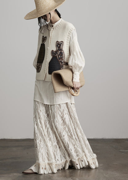 White Embroideried Wool Knit Vests Spring