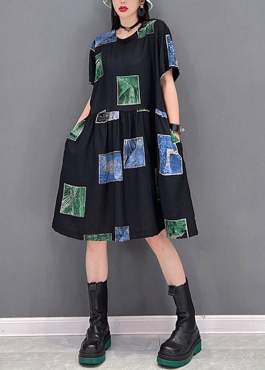 Slim Fit Green O-neck Asymmetrical Print Wrinkled Pockets Dress Short Sleeve