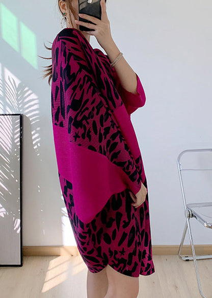 Rose O-neck Asymmetrical Print Mid Dresses Long Sleeve