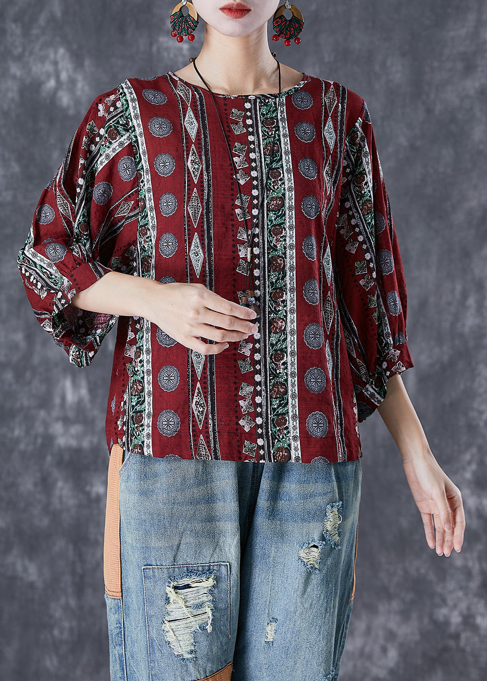 Dull Red Print Cotton Blouse Top Bracelet Sleeve
