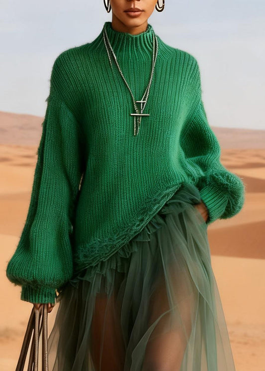 Handmade Green Tulle Maxi Dresses Ruffled Knitted Cotton Patchwork Lanter Sleeve