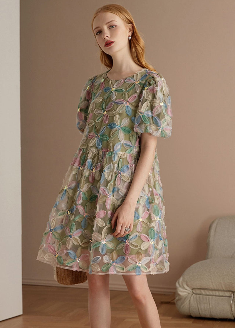 Italian Green O Neck Patchwork Tulle Mid Dresses Puff Sleeve
