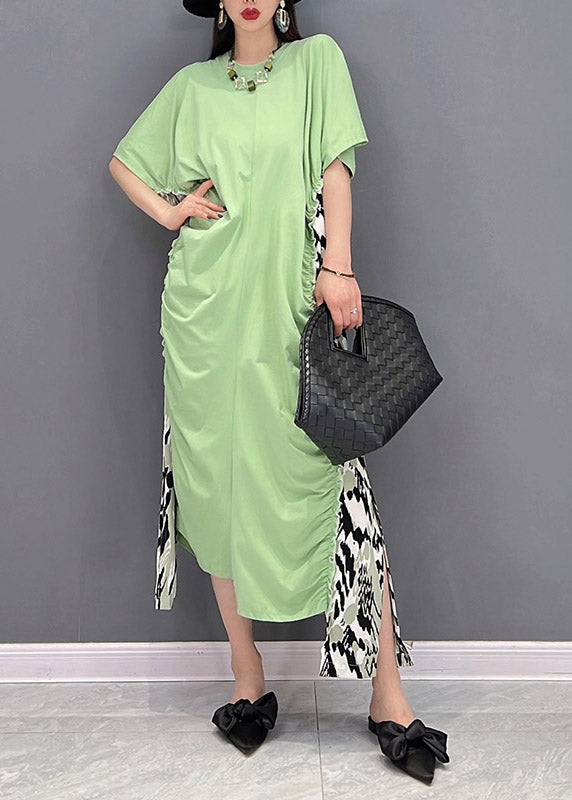 Slim Fit Green O-neck Asymmetrical Patchwork Wrinkled Chiffon Dress Short Sleeve