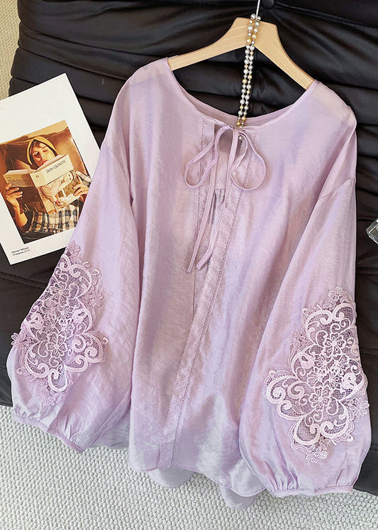 Loose Purple Lace Up Hollow Out Cotton Blouses Fall