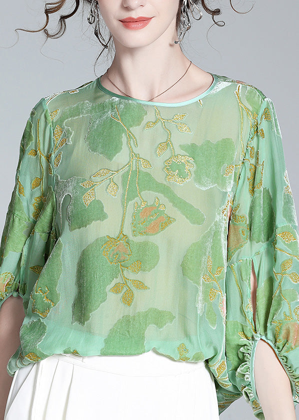 Light Green O-neck Print Velour Tops Long Sleeve