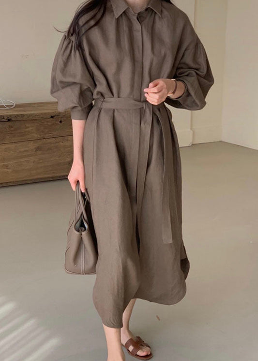 Lantern Sleeve Chocolate Shirts Dress Cinched Spring
