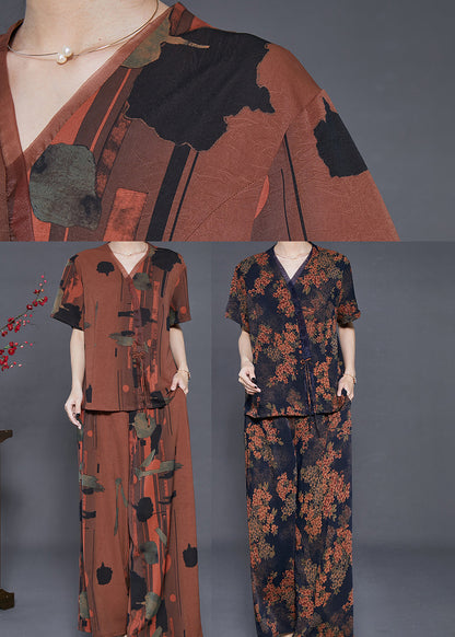 Caramel V Neck Print Silk Two Pieces Set Summer