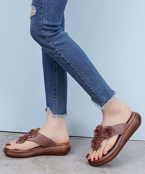Brown Splicing Faux Leather Wedge Flip Flops