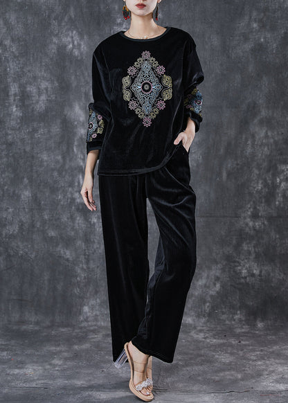 Loose Black O-neck Embroideried Silk Velour Two Piece Suit Set Spring