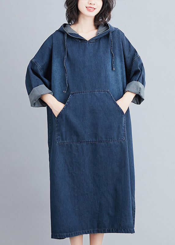 Denim Blue Hooded Pockets Denim Long Dress Spring